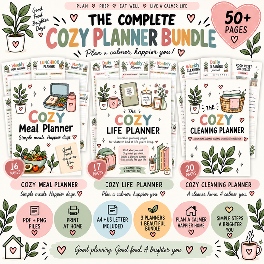 The Complete Cozy Planner Bundle – Life, Meal & Cleaning Printable Planners | 50+ Pages